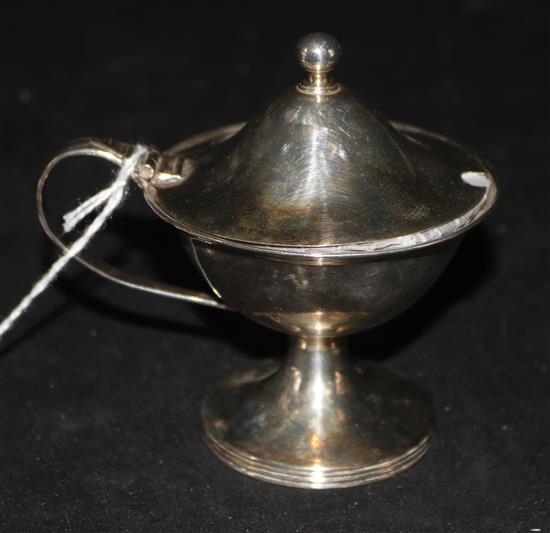 A George III circular silver pedestal mustard, with hinged cover and ball finial, Sheffield 1800, makers Thomas & Daniel Leader